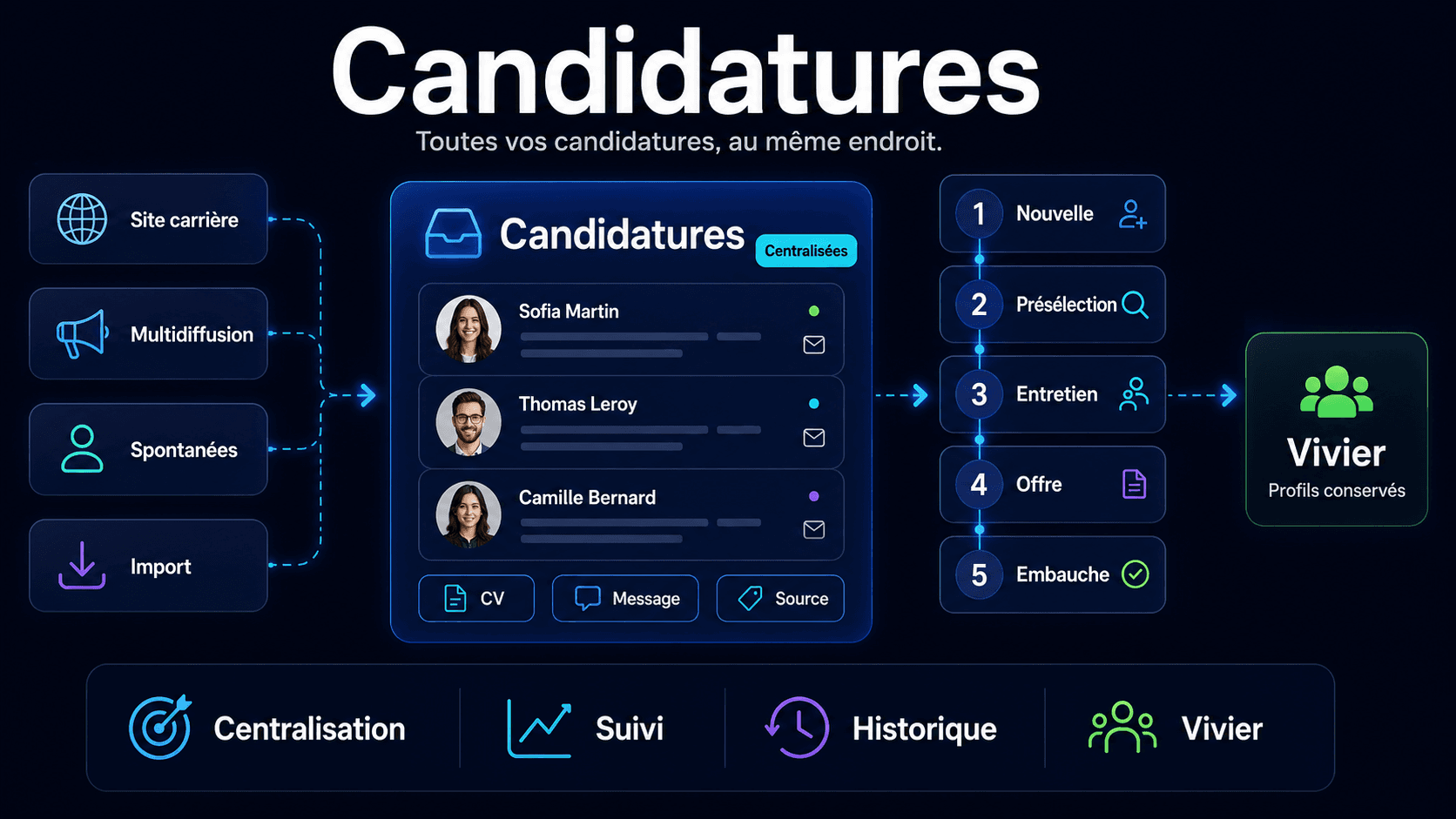 Interface HIRENZA anonymisée de suivi des candidatures